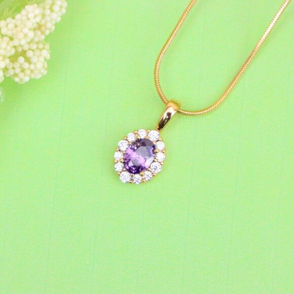 "Purple Oval Pendant with Halo in Gold-Plated Brass – Delicate Glamour, XPPT1816 - Picture 2 of 13